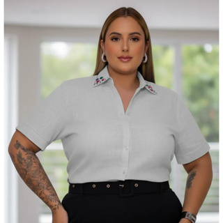 Camisa Branca Feminina Plus Size Com Pedrarias Manga Curta Reveillon Fim de Ano em Oferta na Shopee