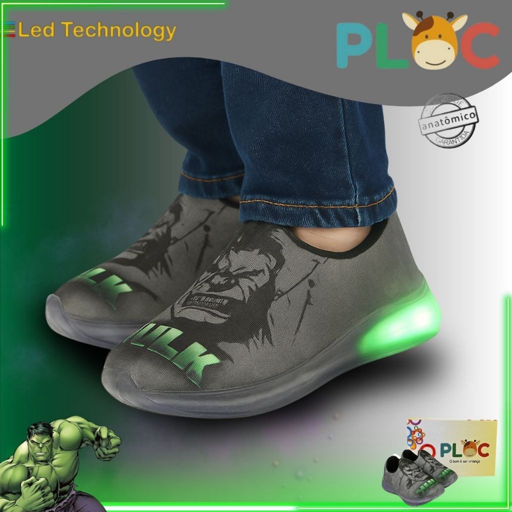 Tênis Led Infantil PLOC HULK Luzinha Menino Meia Calce Fácil Anatômico