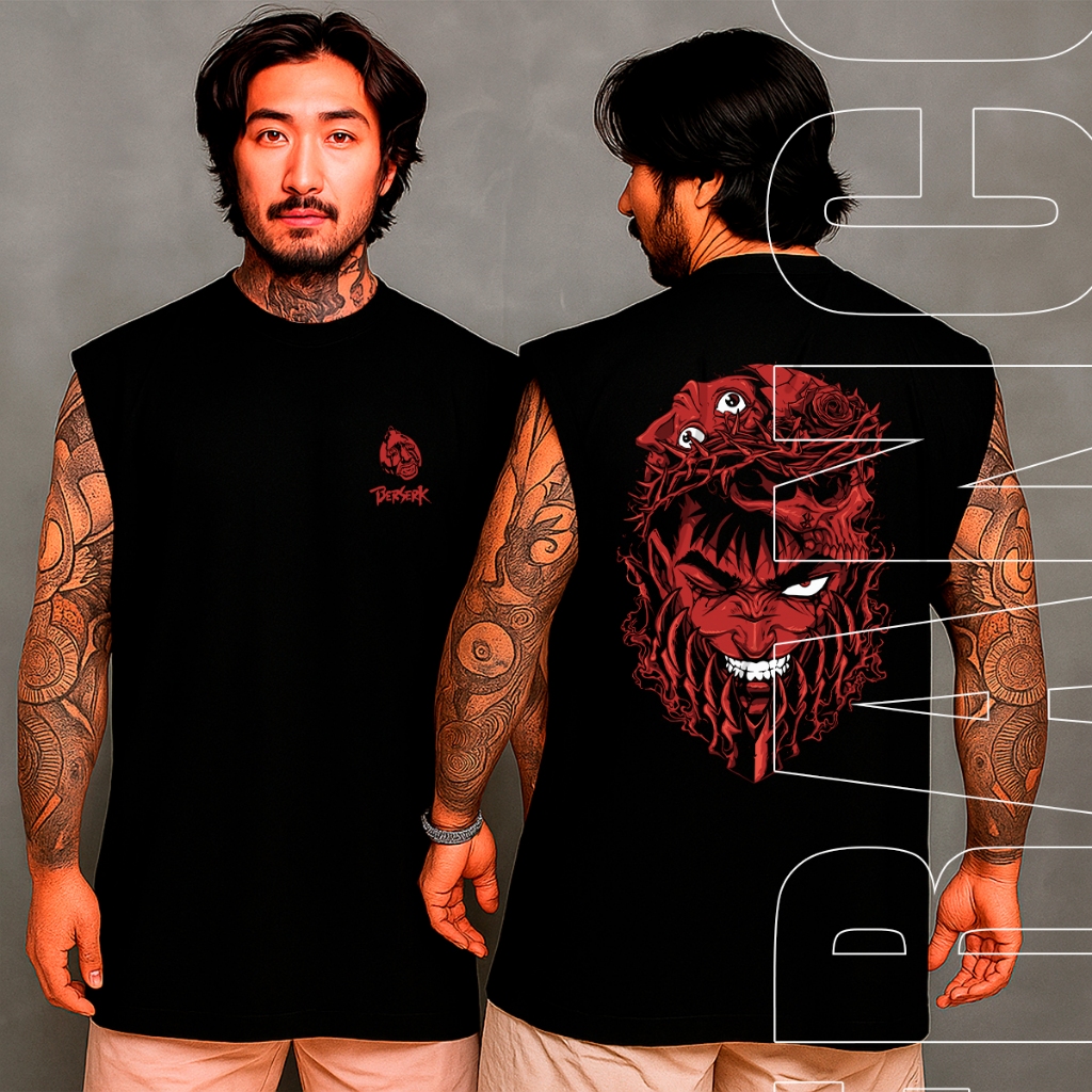 Camiseta Regata Oversized Anime Anime Berserk Estampa Guts Demon Premium Treino Academia Streetwear