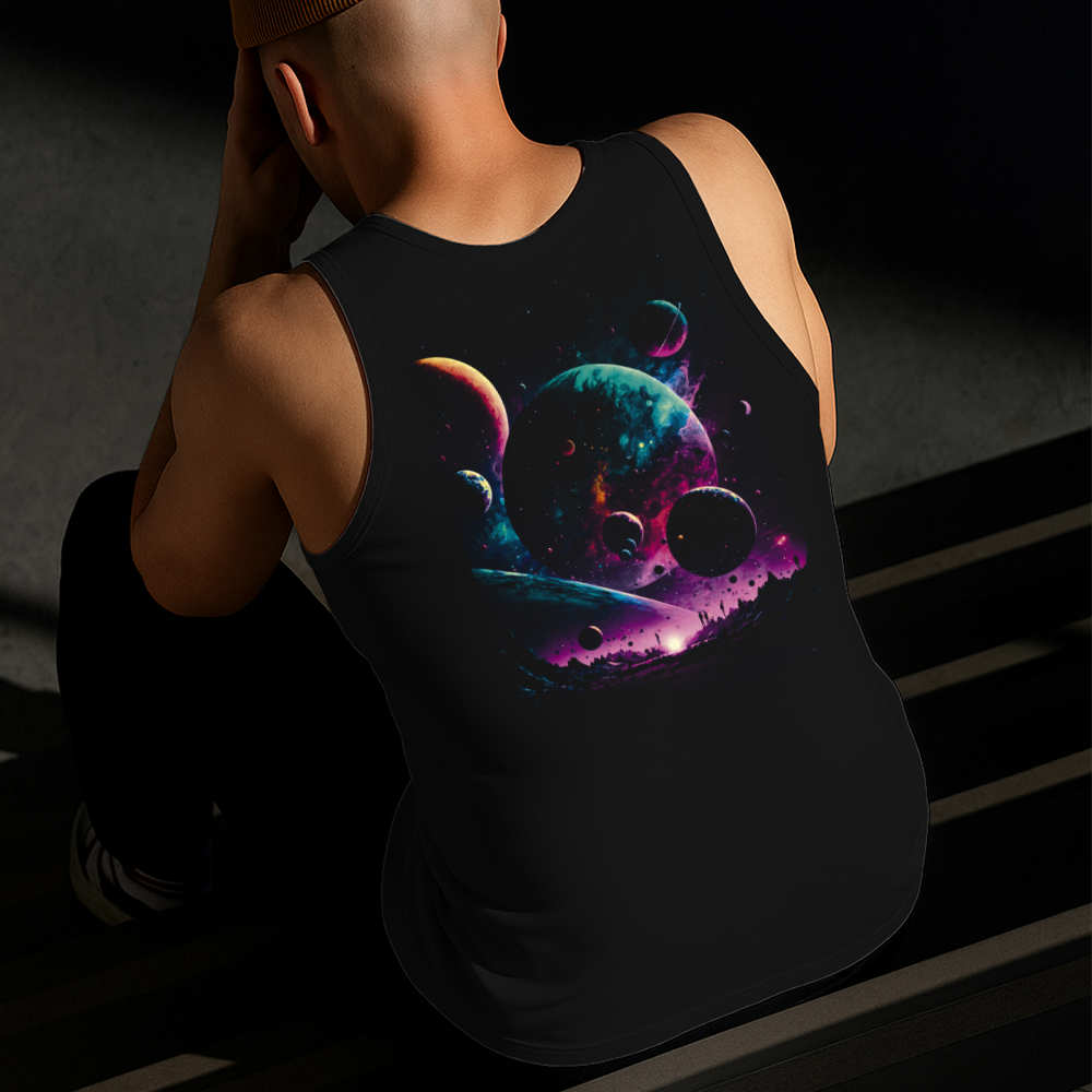 Camiseta Regata Masculina Estampada Planetas 100% Algodão Estilo Conforto Diário Do Tamanho P ao GG