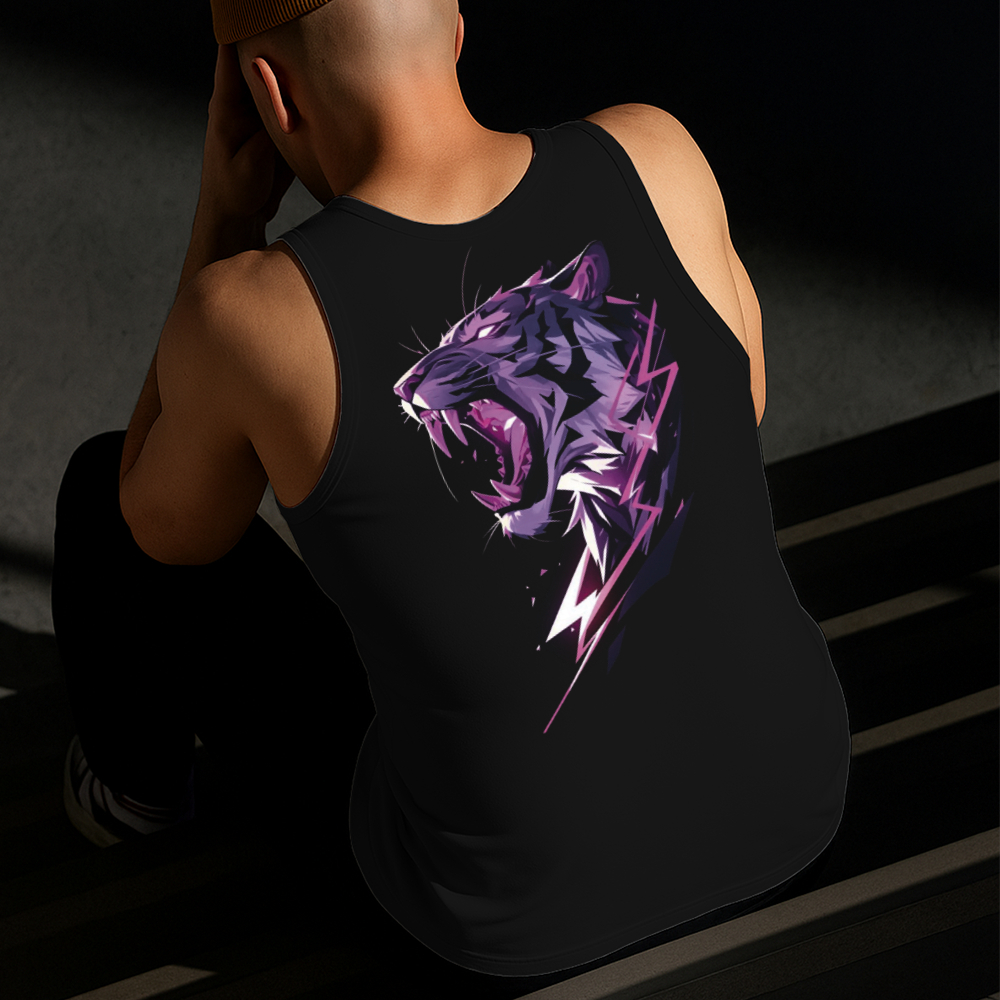 Camiseta Regata Masculina Estampada Tigre Roxo 100% Algodão Estilo Conforto Diário Do Tamanho P GG