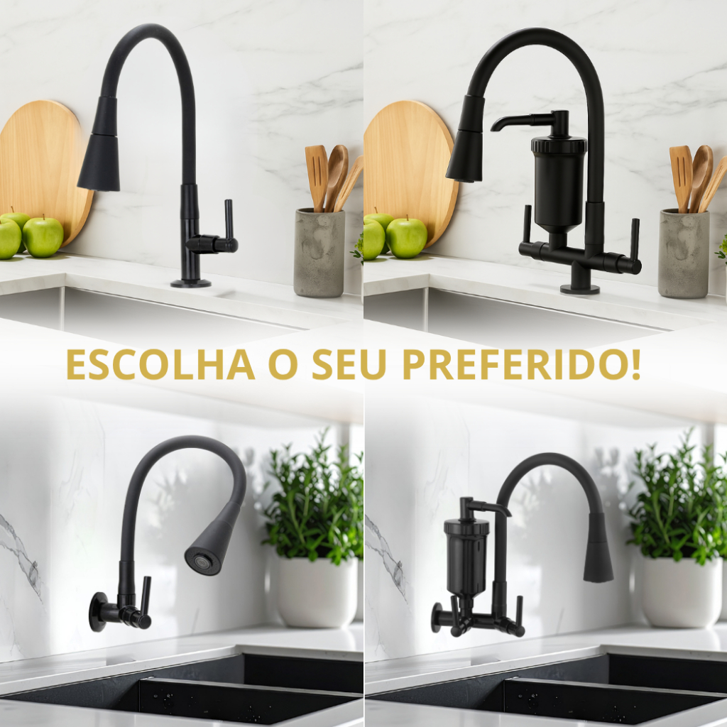 Torneira Pia Cozinha Parede Bancada Preta Bancada Cone Black com e sem Filtro