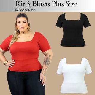 Kit 3 Blusas Plus Size Gola Quadrada Feminina Verão Basica casual elegante ALTA ELASTICIDADADE curve em Oferta na Shopee
