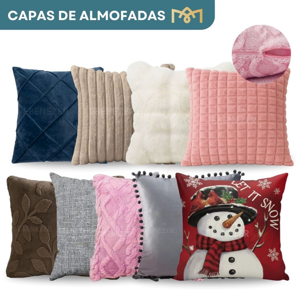 Kit 4 Capa Almofada Decoração Tecido Pelúcia Suede 40x40 e 45x45 Toque Macio Zíper Cama Sofá Premium