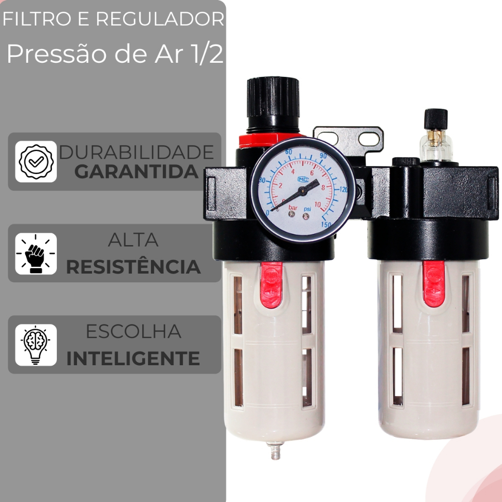 Conjunto Lubrifil 1/2 Polegada Filtro E Regulador De Pressão BFC 4000 - 10bar Com Manometrô - ROTTA