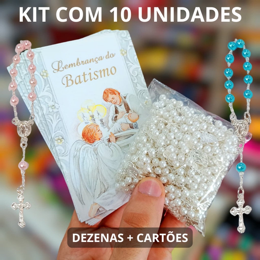 Lembrancinha de Batizado - Lembrança Kit 10 Mini Terço + Cartão Cores Azul Rosa Branco Perolado