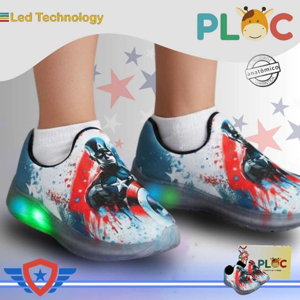 Tênis Led Infantil PLOC LED50 - MARINHO CAPITÃO BABY Luzinha Menino Calce Fácil Anatômico