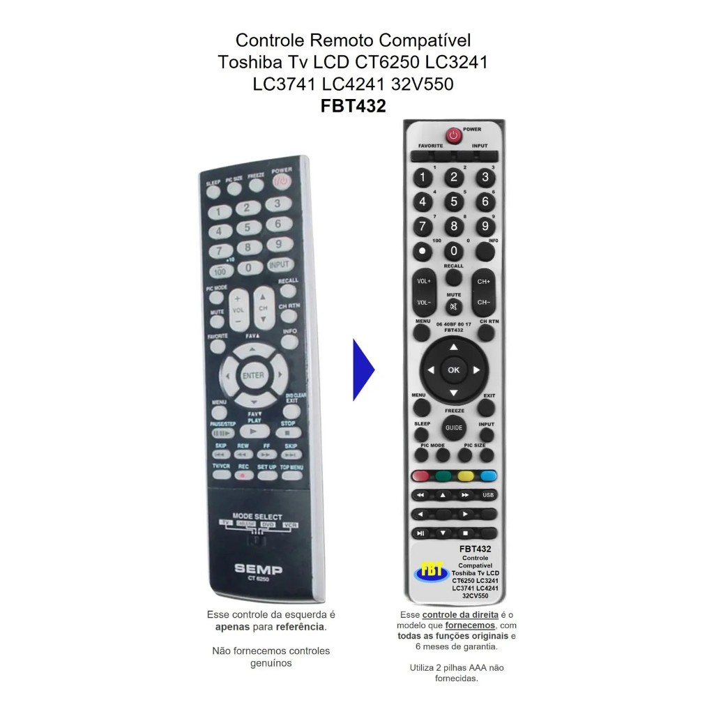 Controle Semp Toshiba Ct6250 Para Tv 10 Fbt 432