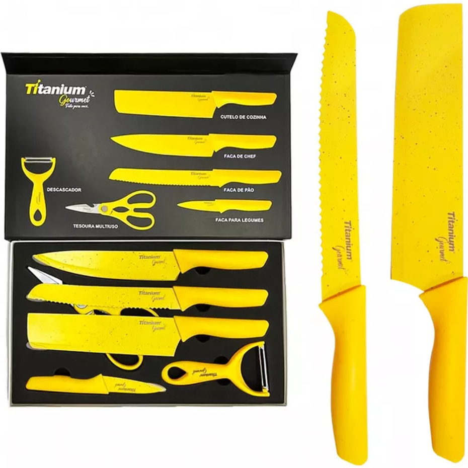 Jogo de Facas Premium Titanium Gourmet Amarela 6 Peças em Oferta na Shopee