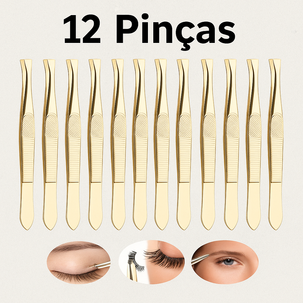 Kit com 12 Pinças Douradas de Precisão – Ferramentas de Beleza para Maquiagem, Cílios e Sobrancelhas