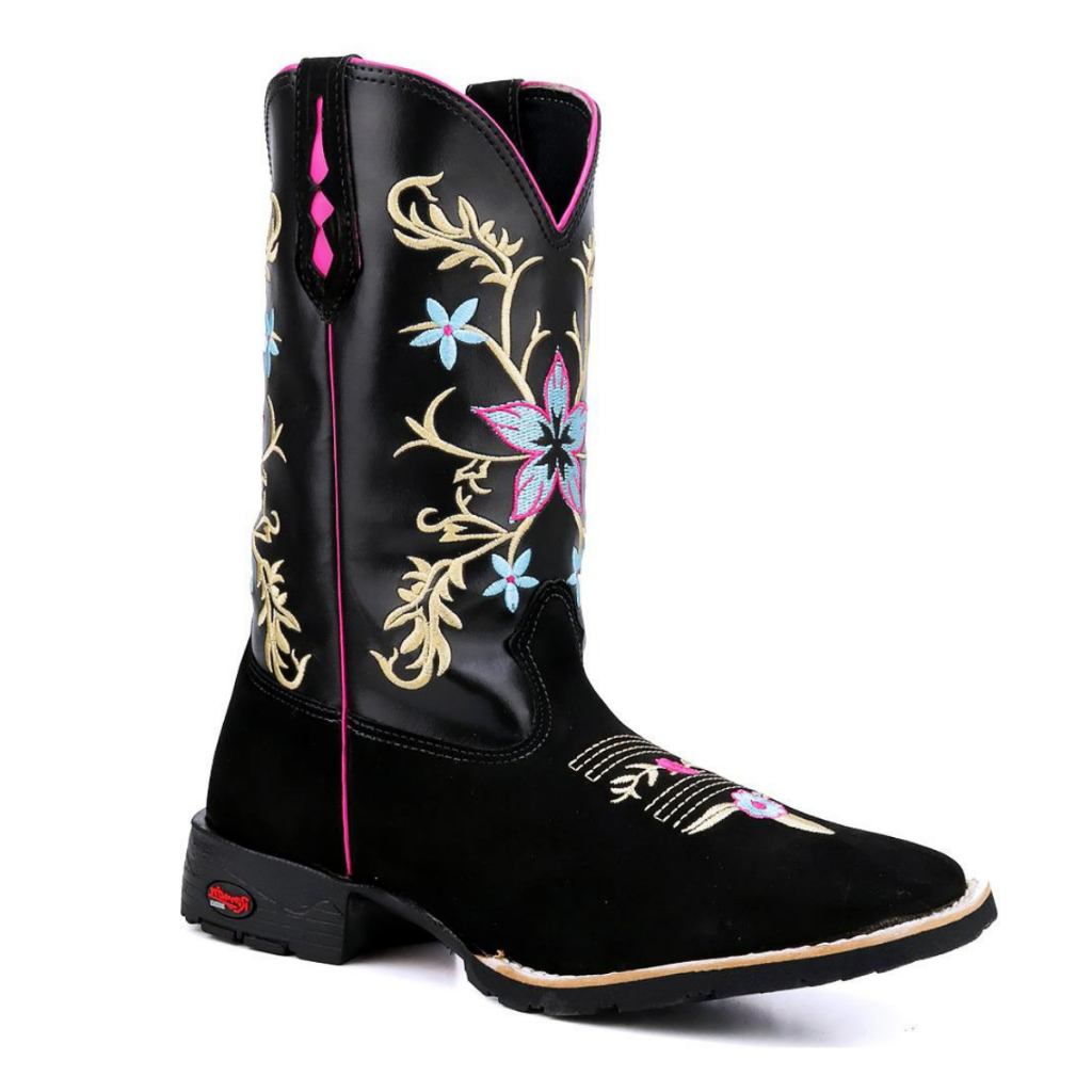 Bota Texana Feminina Cano Longo Bordada Bico Quadrado