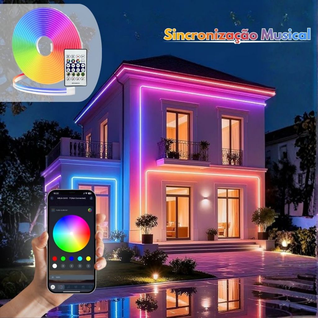 Fita LED Neon RGB com Sincronização Musical e Controle Remoto - USB - 5 Metros Luz Inteligente APP