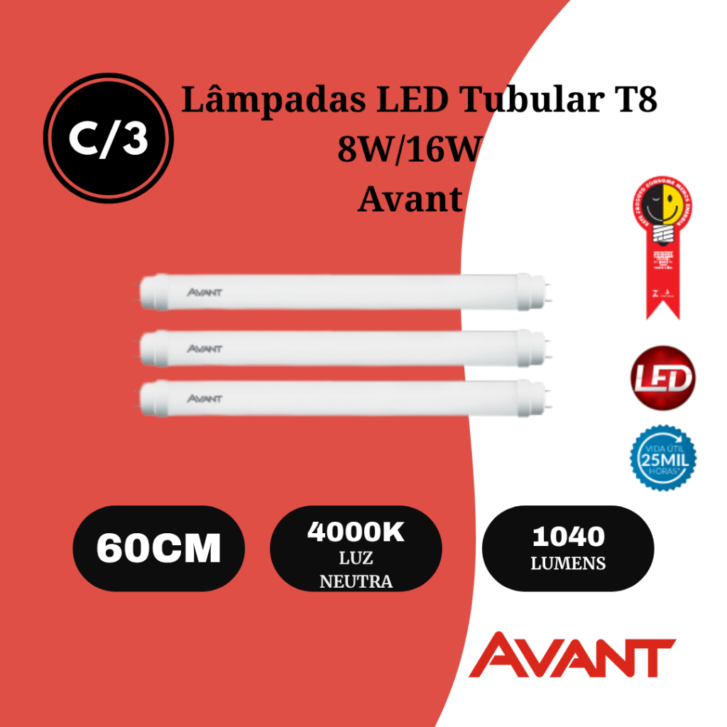 Kit 3 Lâmpada LED Tubular T8 Avant 8W/10W | 0,60m | 4000K Luz Neutra | Bivolt em Oferta na Shopee