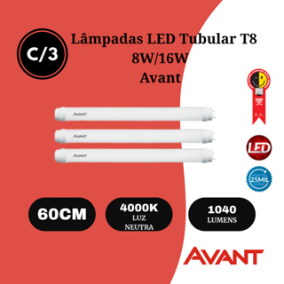 Kit 3 Lâmpada LED Tubular T8 Avant 8W/10W | 0,60m | 4000K Luz Neutra | Bivolt em Oferta na Shopee