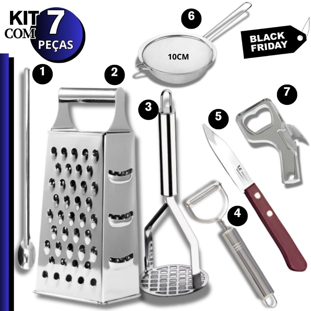 Kit Ralador Amassador Batata Descascador Legumes Colher Suco Peneira Cozinha Abridor Garrafa Lata