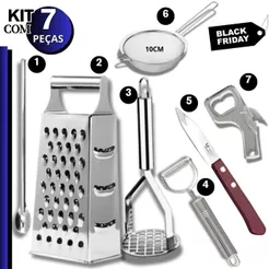 Kit 3 a 7 Peças Ralador Amassador Batata Descascador Legumes Colher Suco Peneira Cozinha Abridor
