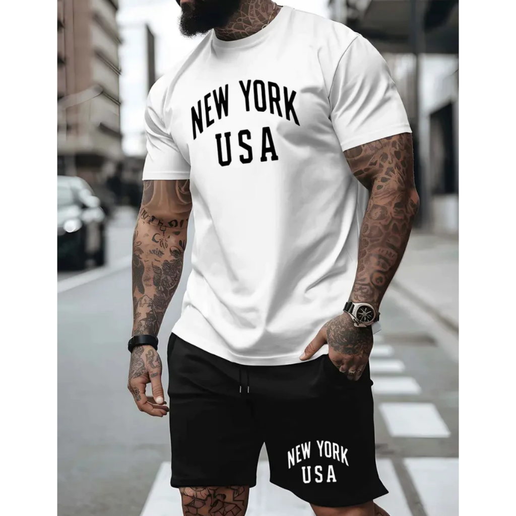 Kit Camisa Camiseta e Short Tactel Masculino New York Estiloso Moderno Tendencia Casual Confortavel