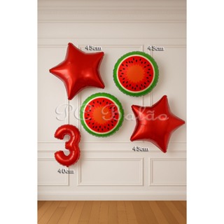 Kit 5 Balão Metalizado 2 MELANCIA REDONDA 45CM  + N° 40CM VERMELHO + 2 ESTRELA VERMELHA 45CM em Oferta na Shopee