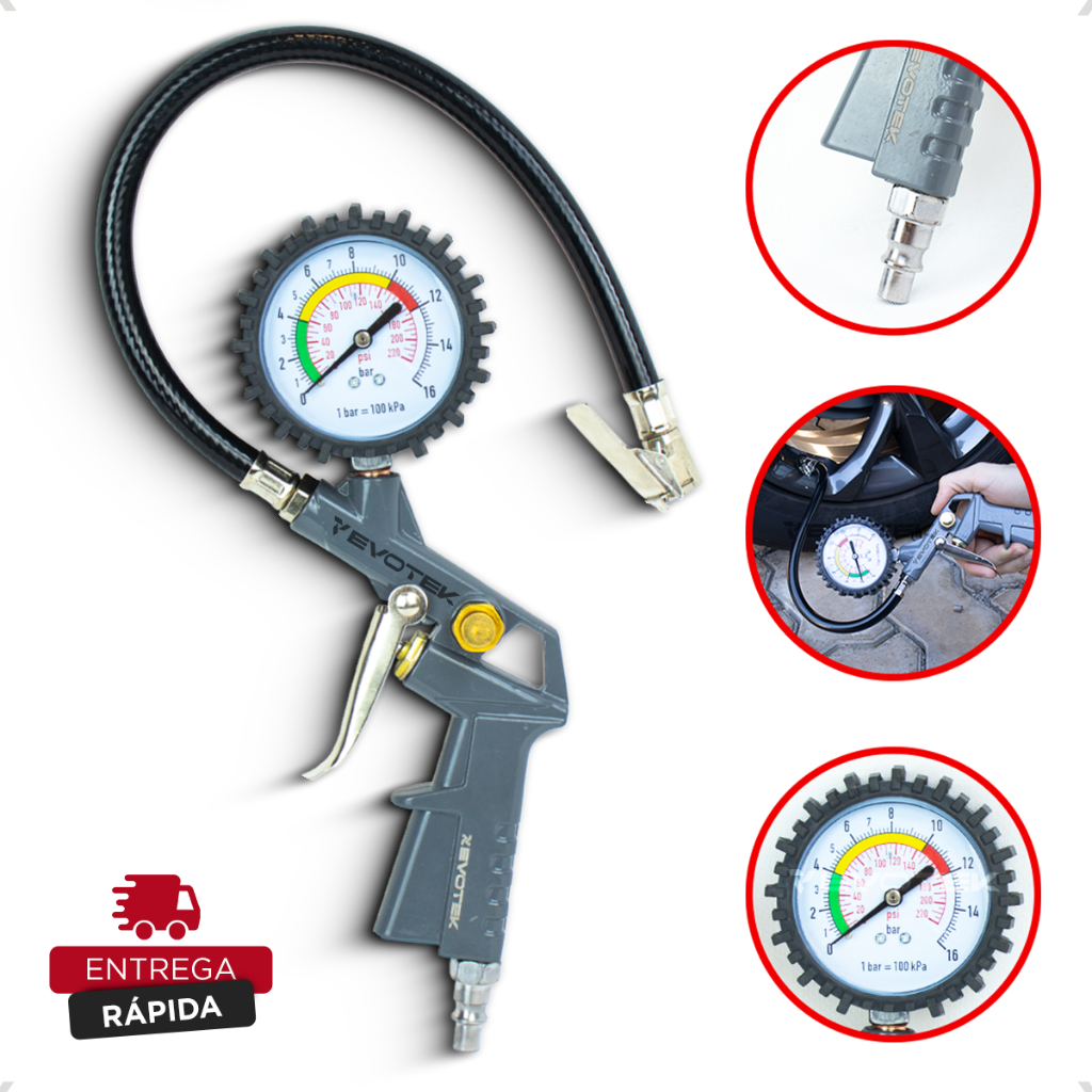 Calibrador e Inflador de Pneus Com Manômetro 220 Libras Profissional