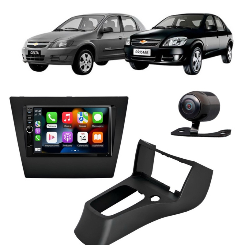 Kit Central Multimidia MP5 Celta Prisma 2006 até 2012 Espelhamento Bluetooth Android Ios + Moldura + Camera de re