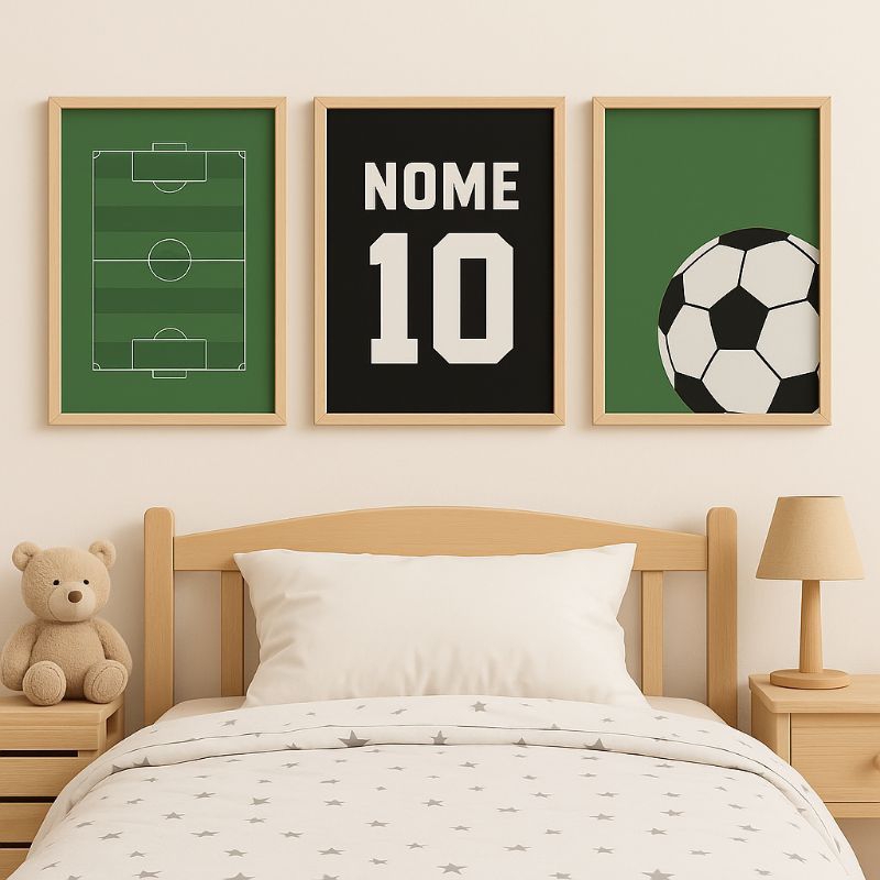 kit 3 quadros infantil decorativo futebol campo bola personalizado nome