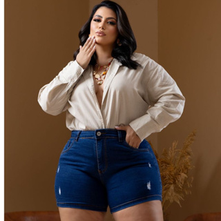 Short Jeans Feminino Plus Size Jeans Destroyed em Oferta na Shopee