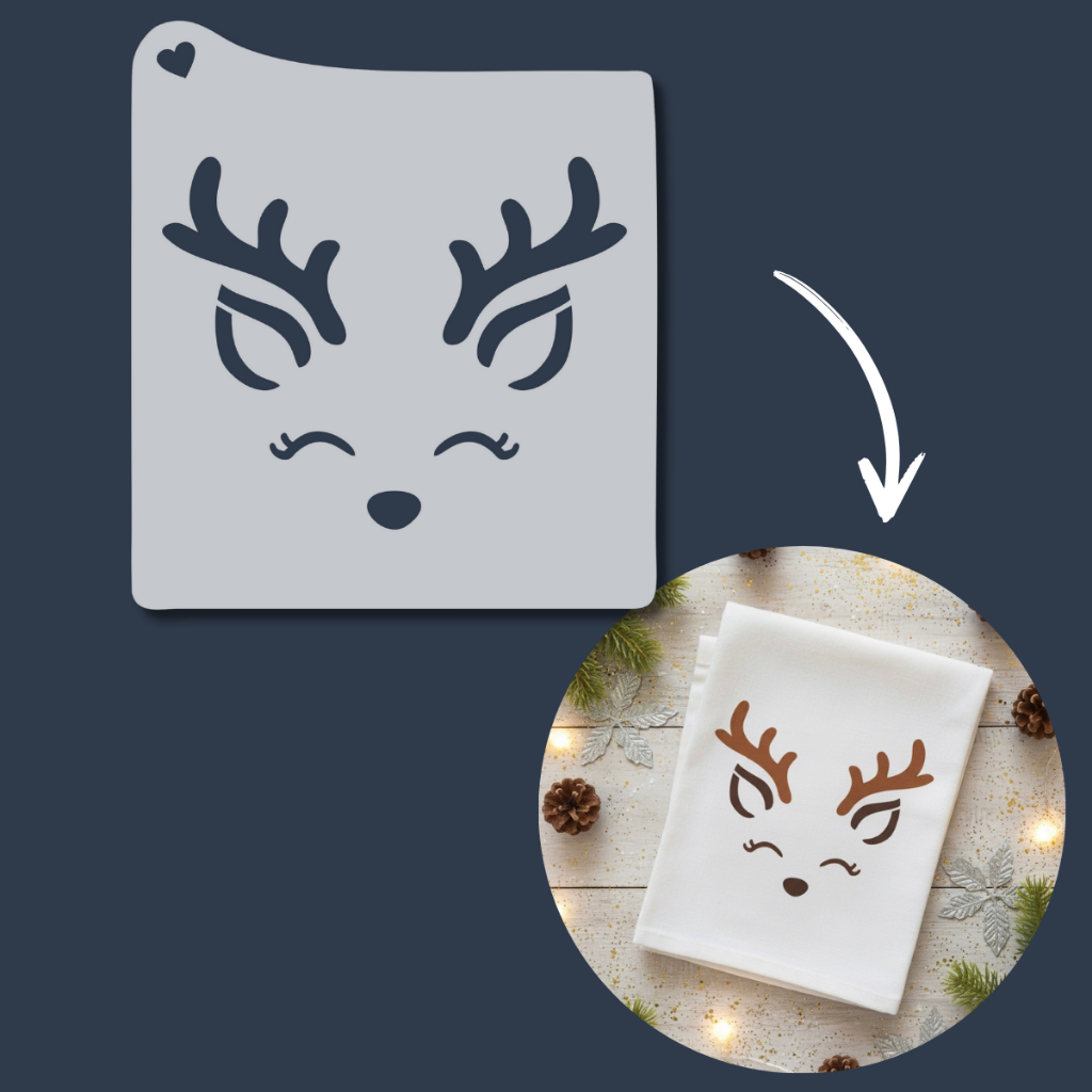 Stencil para Pintura Rena Fofa Natal Molde Artesanato Decoração Natalina Tecido, Pano de Prato, Mdf