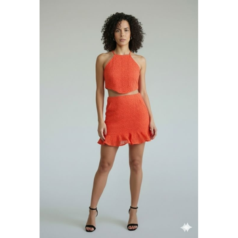 Conjunto Cropped e Saia Coral Laranja Tam. M Tiara
