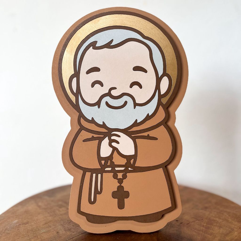 São Padre Pio de Pietrelcina Infantil em MDF – Santo Padre Pio Baby 3D – Decoração Cristã / Quarto de Bebê Religioso