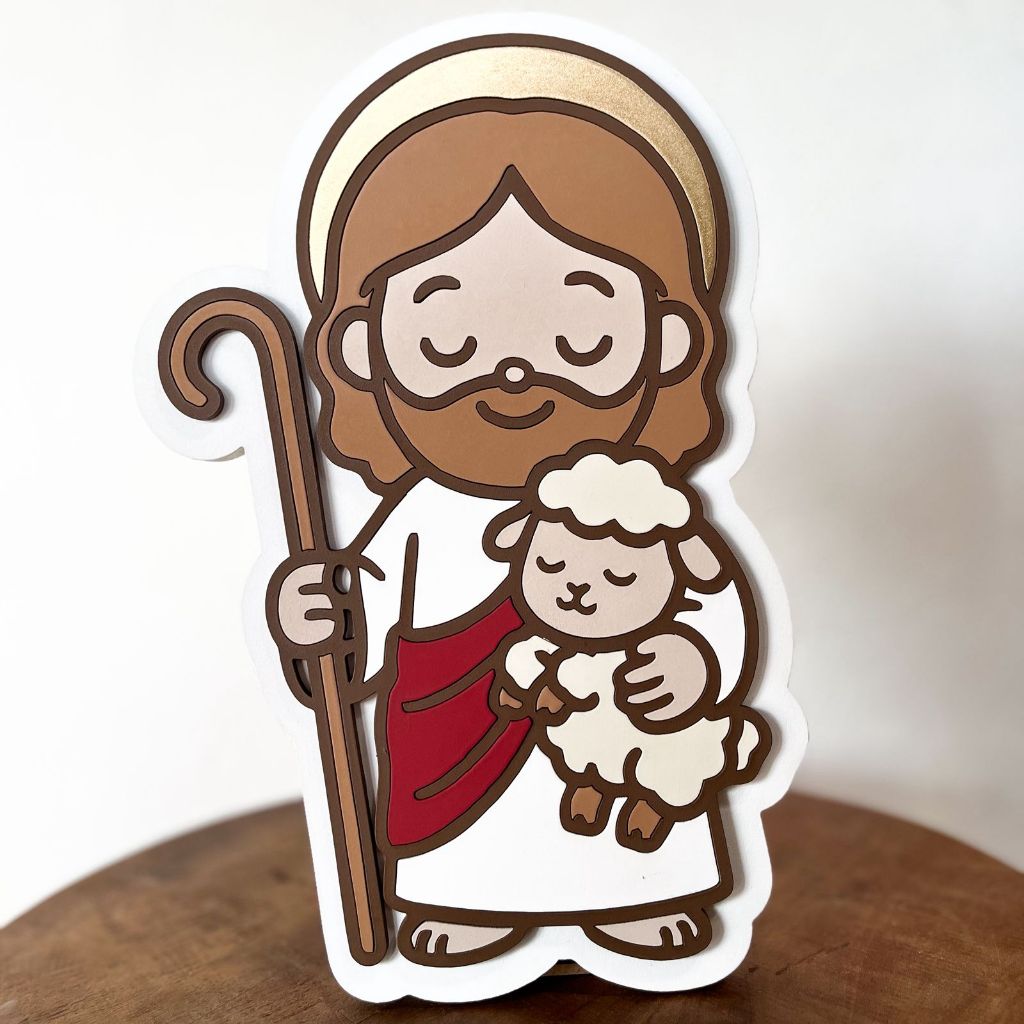 Jesus Bom Pastor Infantil em MDF – Jesus Baby com Carneirinho – Decoração Cristã / Quarto de Bebê Religioso