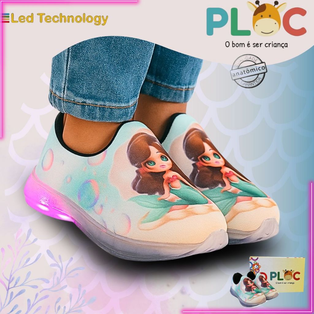 Tênis Led Infantil PLOC LED- SEREIA MORENA Menina Calce Fácil Leve Flexível Confortável Anatômico