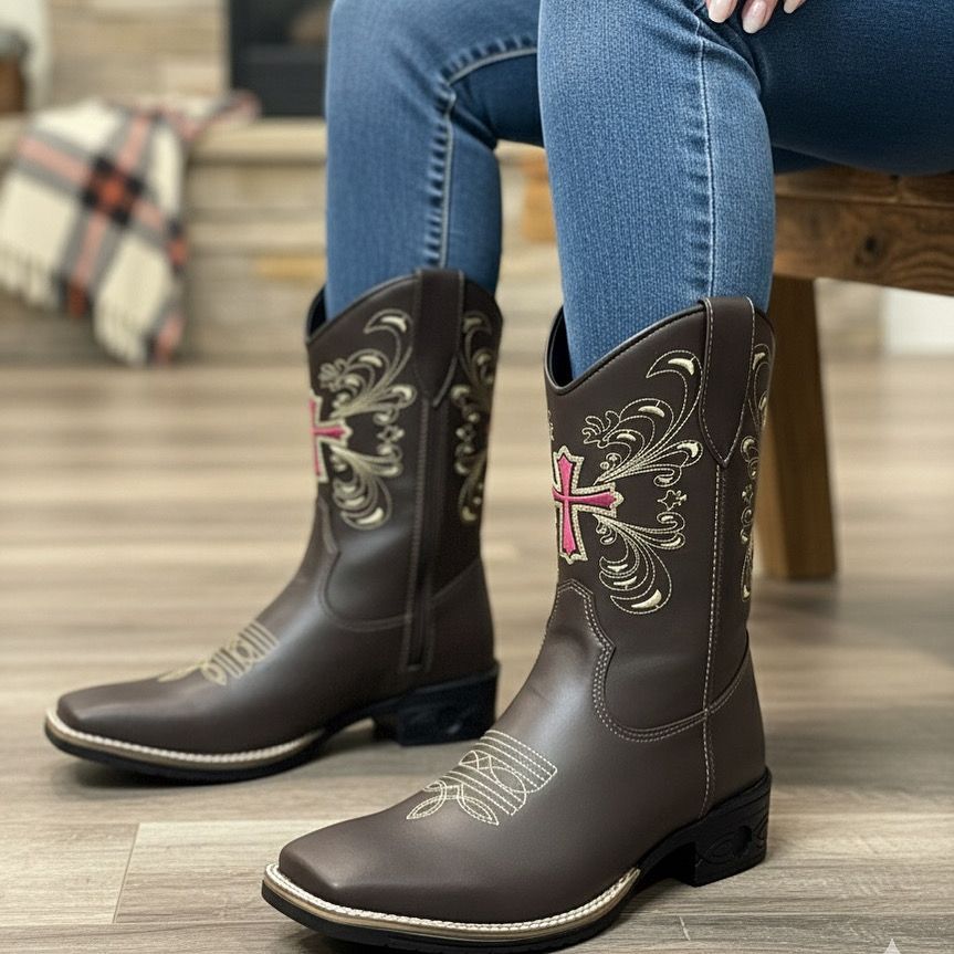 Bota Texana Botina Feminina Cano Curto Bordado Tex Curta Pink Bordado