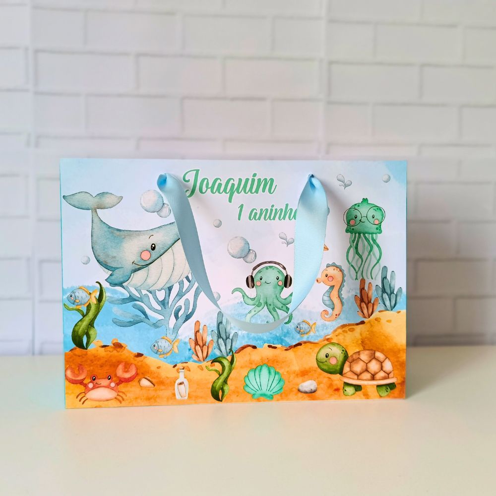 Sacola G Personalizada Fundo Mar Menino Lembrancinha Infantil Com Alça de Cetim