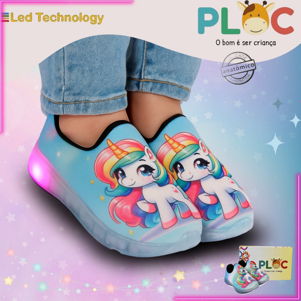 Tênis Led Infantil PLOC LED - UNICÓRNIO Menina Meia Calce Fácil Flexível Confortável Anatômico