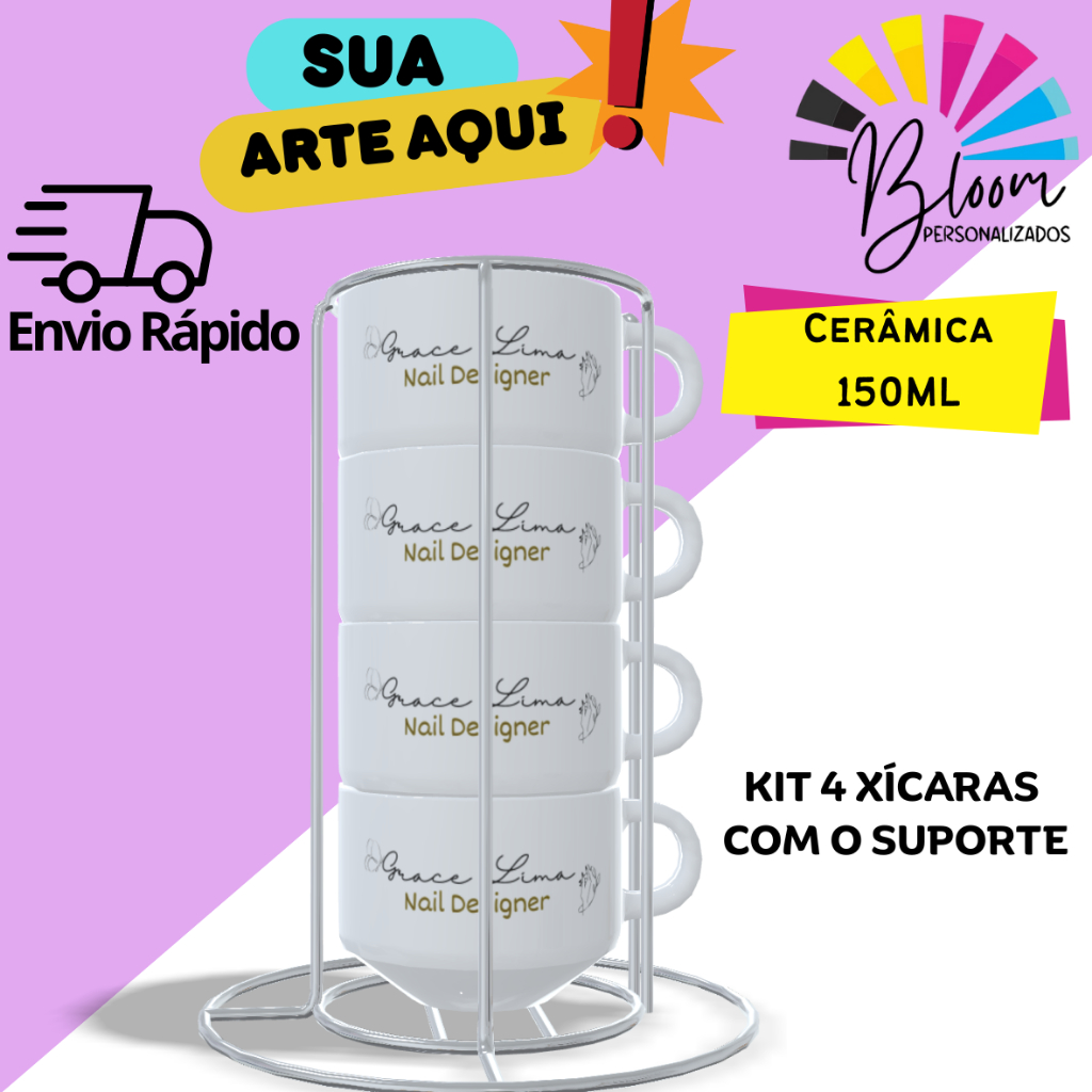 KIT 4 XÍCARAS COM SUPORTE METAL PERSONALIZADO