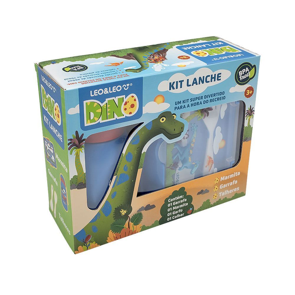 Kit Lanche Dino Garrafa Plástica 500Ml + Marmita 700Ml - Caixa C/ 1 Kit Leoeleo
