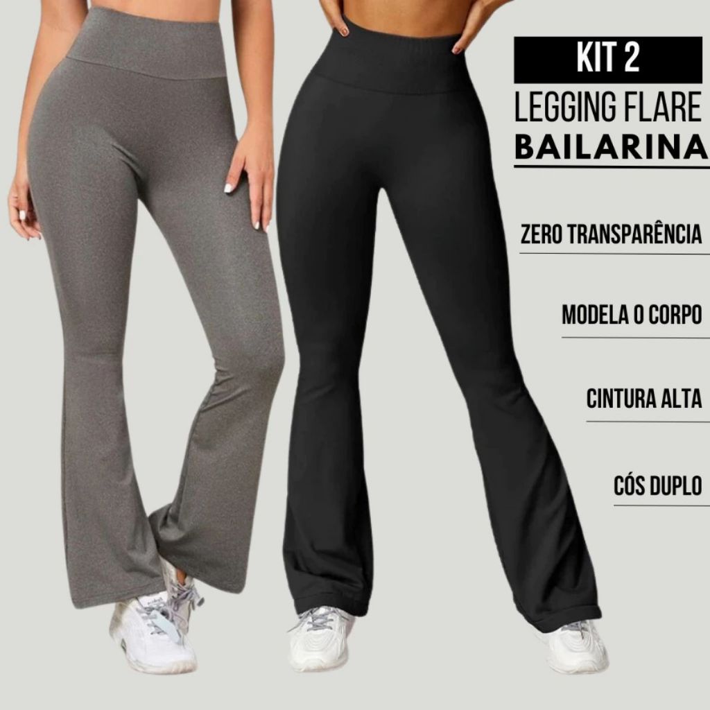 Kit 2 Calça Legging Flare Bailarina Suplex Cintura Alta Modela Bumbum Feminina Zero Transparência em Oferta na Shopee