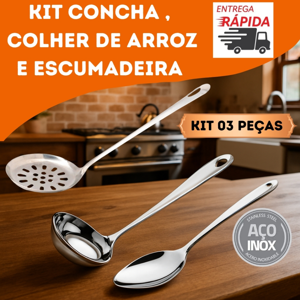Kit Conjunto Cozinha Utensílios 3 Peças 100% Aço Inox Colher Escumadeira Concha em Oferta na Shopee