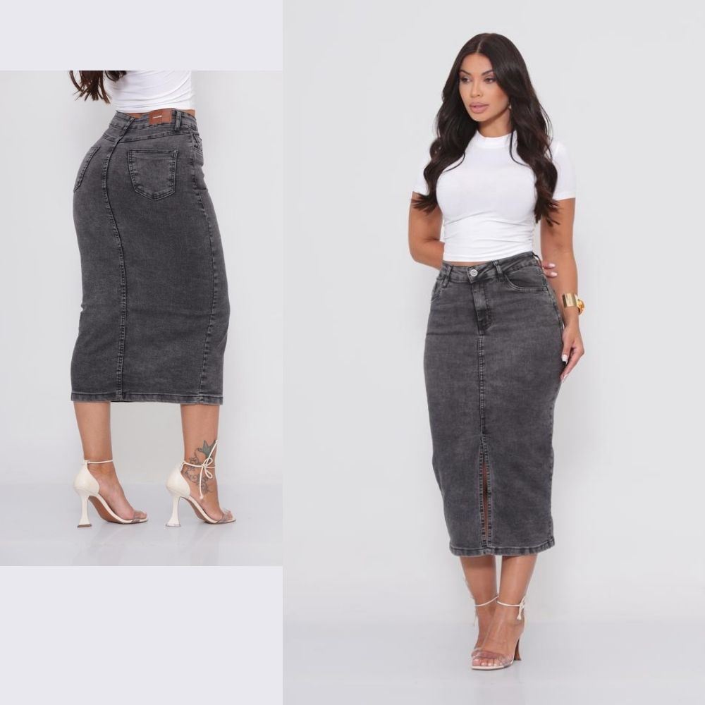 saia jeans feminina midi com elastano em Oferta na Shopee