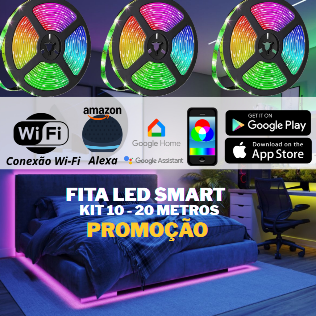 Fita de Led Inteligente 10 20 metros Wifi c/MODO MÚSICA Ritmo Compativel Alexa Google Assistant