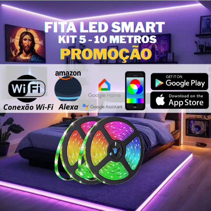 Smart Fita de Led Inteligente MUSICAL 5/10m DOMMO Wifi Alexa Google Sanca TV Decoração Quarto