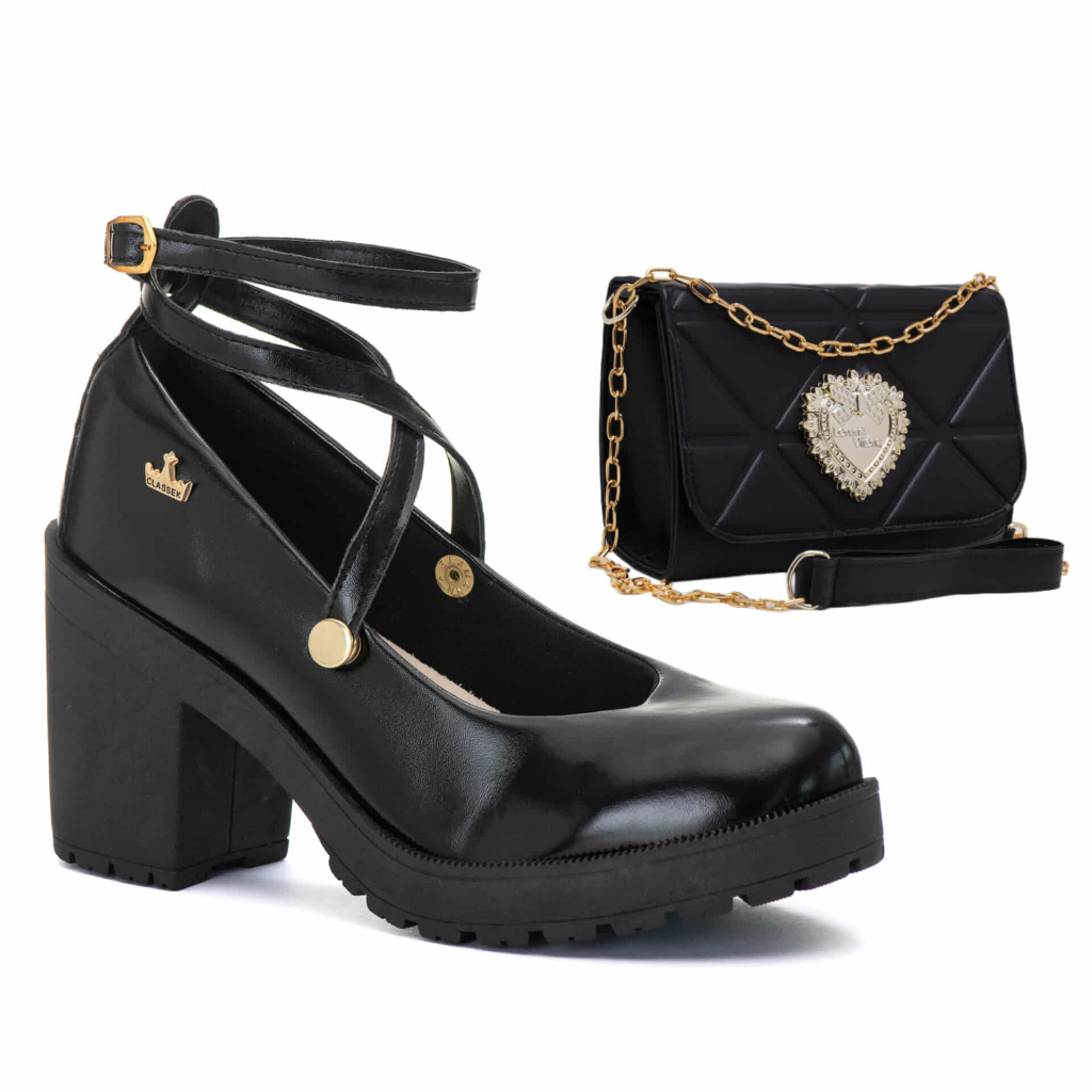 Kit Sandália Feminina Salto Mary Jane Boneca e Bolsa Quadrada Balada Festa Elegante