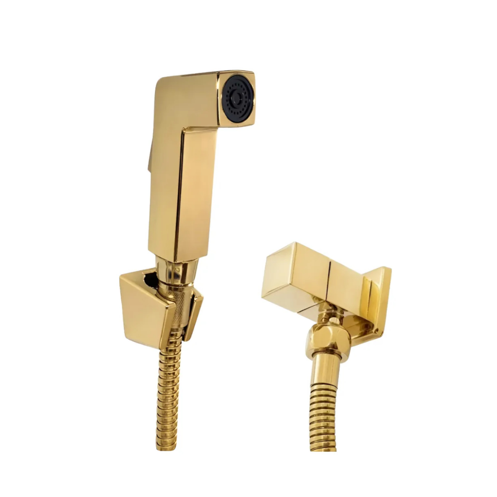 Ducha Higiênica Chuveirinho Dourado Brilho Mangueira 1,20m Banheiro Luxo Quadrada