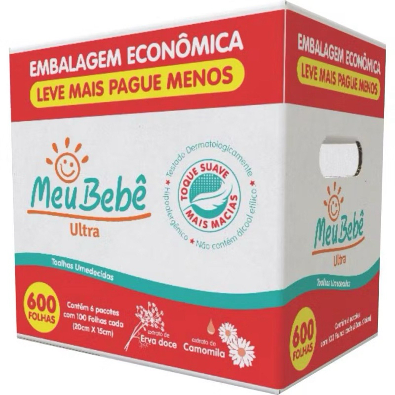 TOALHA UMEDECIDA MEU BEBÊ ULTRA PACK 600 FLS (KIT COM 6 PACOTES DE 100 FOLHAS CADA) tampa flip top e tecido ondulado