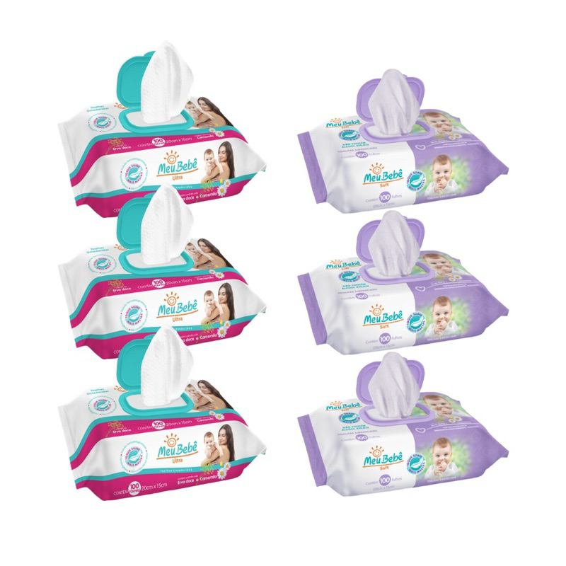 KIT TOALHA UMEDECIDA MEU BEBÊ 600 FOLHAS MISTO 3 PACOTES ULTRA COM 100 FOLHAS E 3 PACOTES SOFT COM 100 FOLHAS em Oferta na Shopee