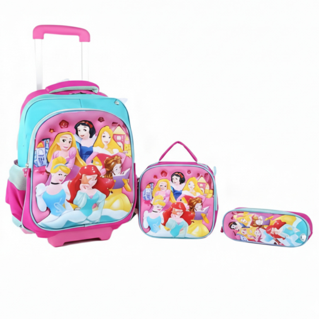 Kit Escolar Mochila Rodinha 6 Princesas Estojo Infantil Feminino Menina Personagem 3D Rosa