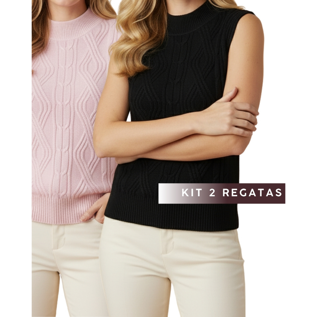 Kit 2 Blusas Regatas Feminina Tricot Malhada Gola Canelada Redonda Leve Elegante Moda Verão