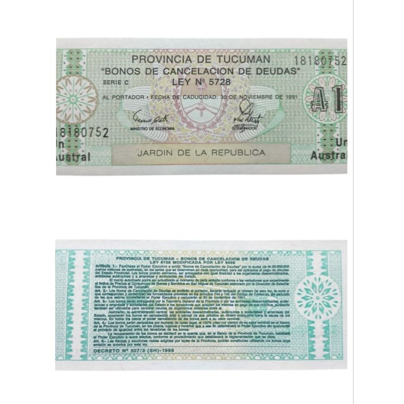 Cédula Bônus Argentina Tucumán 1 Austral 1988 - Moeda De Emergência Bocade - Numismática Raridade.