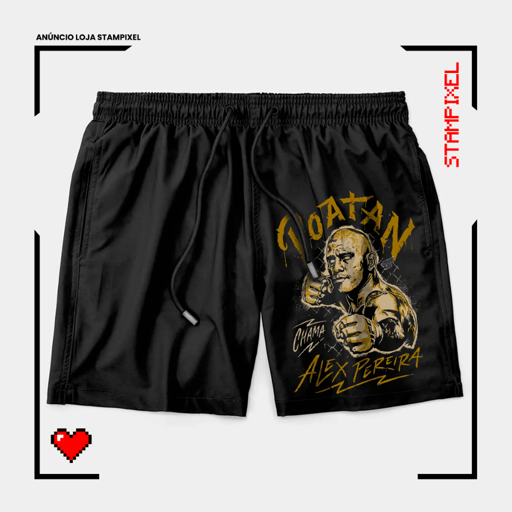 Bermuda Tactel Alex Pereira Chama Poatan Lutador Short Confortável Com Elastano Ideal Lazer Treino Esportes Praia