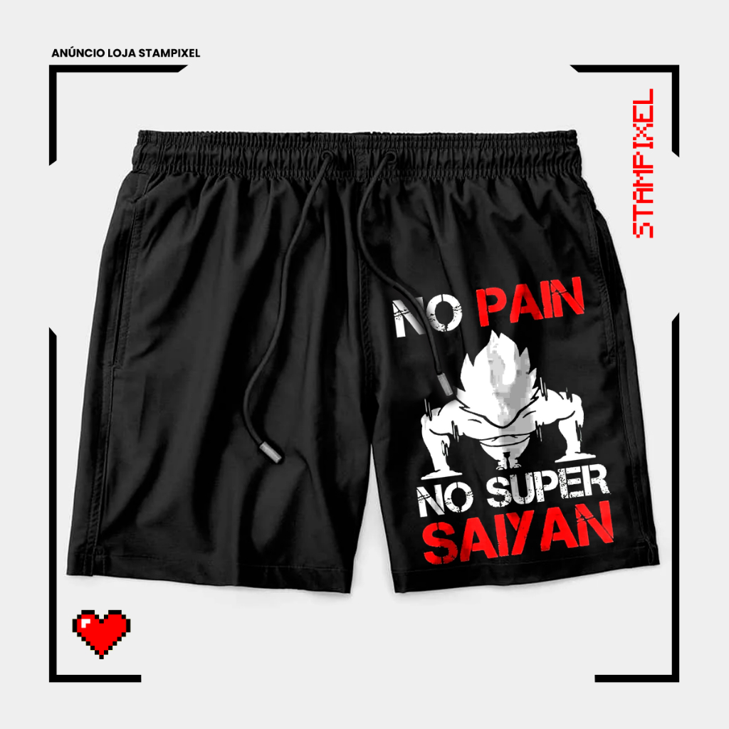 Bermuda Tactel Dragon Ball No Pain No Super Saiyan Goku Short Confortável Com Elastano Ideal Lazer Treino Esportes Praia